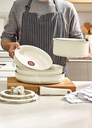 T-fal Ingenio Essentials Cookware Set with Detachable/Removable Handle 11 Piece, Granite Titanium Non Stick, Induction, Oven Broiler Safe 500F, Stackable, Pots and Pans Set, RV Camping, Fry Pans Beige