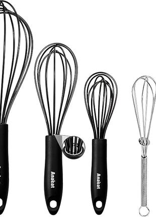Anaeat Kitchen Whisk Set of 5, Perfect for Non-Stick Cookware, Egg Beater Milk Blender for Whisking, Cooking, Baking - 5"+7" Mini Wire Whisk and 8.5''+10.5''+12'' Silicone Balloon Whisks (Black)