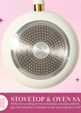 Paris Hilton Epic Nonstick Pots and Pans Set, Multi-layer Nonstick Coating, Tempered Glass Lids, Soft Touch, Stay Cool Handles, Made without PFOA, Dishwasher Safe Cookware Set, 12-Piece, Cream