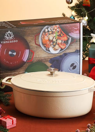 vancasso Enameled Cast Iron Dutch Oven, 9.3 Quart Dutch Oven Pot with Lid, Oval Cast Iron Pot with Non Stick Enamel Coating for Bread Baking, White