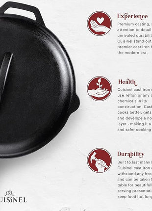 Cuisinel Cast Iron Skillet with Lid - 12"-inch Pre-Seasoned Covered Frying Pan Set + Silicone Handle & Lid Holders + Scraper/Cleaner - Indoor/Outdoor, Oven, Stovetop, Camping Fire, Grill Safe Cookware