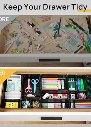 Vtopmart 25 PCS Office Desk Drawer Organizers Set, 4-Size Versatile Plastic Drawer Organizer Trays, Storage Bins for Desk Accessories Office Organizers and Storage, Bathroom, Makeup, Vanity, Black