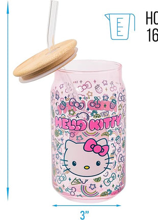 Silver Buffalo Sanrio Hello Kitty Neon Fruits Rainbows and Hearts Pattern Glass Jar Tumbler with Bamboo Lid and Glass Straw, 16 Ounces