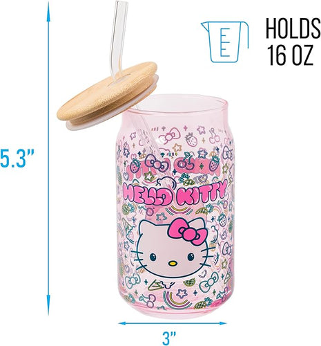 Silver Buffalo Sanrio Hello Kitty Neon Fruits Rainbows and Hearts Pattern Glass Jar Tumbler with Bamboo Lid and Glass Straw, 16 Ounces