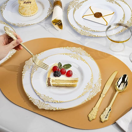 350PCS Gold Plastic Plates for 50 Guests, Disposable Dinnerware Sets Include 100 Gold Rim Plastic Plates, 50 Silverwares, 50 Cups, and 50 Pre Rolled Napkins for Party, Wedding, Graduation
