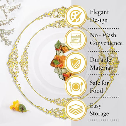 Nervure 350PCS Clear Gold Plastic Plates - Gold Plastic Dinnerware Sets for 50 Guests - 100 Disposable Plates, 150 Silverware, 50 Cups, 50 Napkins for Wedding & Party & Thanksgiving