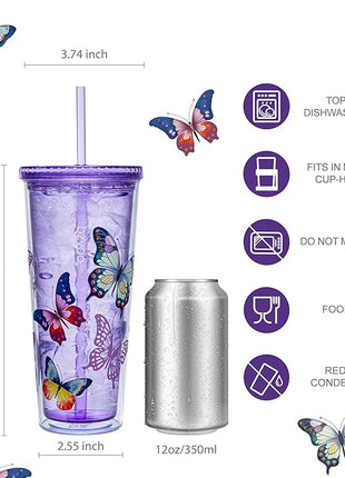 bzyoo SIP 24oz (710ml) Double Wall Plastic Tumbler with Lid and Straw Cold Drink Travel Mug Reusable Party Cup Perfect for Ice Coffee, Tea Office Poolside Parties Gifts Color: Butterfly Purple