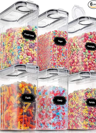 PRAKI Large Dry Food Storage Containers with Lids, 6PCS Airtight Cereal Containers Storage Set, Leak-proof Canister Set for Kitchen Pantry Organization with 20 Labels & Marker (4L Black)