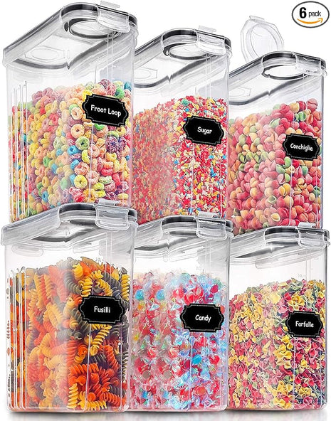PRAKI Large Dry Food Storage Containers with Lids, 6PCS Airtight Cereal Containers Storage Set, Leak-proof Canister Set for Kitchen Pantry Organization with 20 Labels & Marker (4L Black)