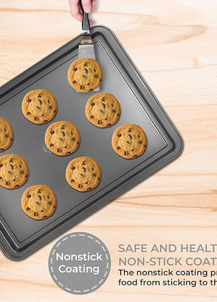 PERLLI Non-Stick 3-Piece Baking Pan Set, BPA-Free Gray Carbon Steel Bakeware Set, Stackable Kitchen Oven Set, Cookie Sheet, Baking Tray, Baking Sheet Set, Oven Safe (446°F)