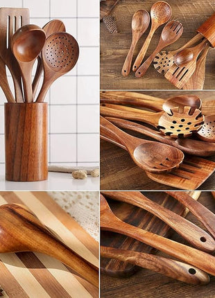 Teak Wooden Kitchen Utensil Set - 7Pcs Wooden Cooking Utensils Including Spatula
