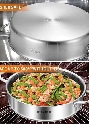 DELARLO Tri-Ply Stainless Steel 10 Inch Deep Frying Pan 3QT Saute Pan With Lid, Induction Compatible Chef Cooking Pan with lid, Dishwasher & Oven Safe