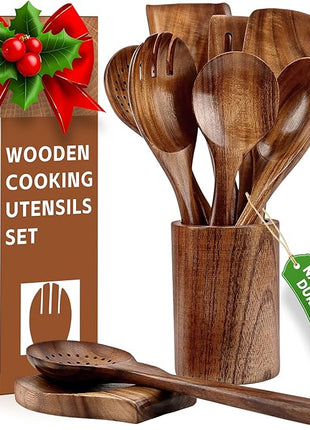 SPATUAMZ Wooden Spoons for Cooking, Teak Wood Kitchen Utensil Set for Nonstick Cookware, Durable Cooking Spatulas Set of 9 with Holder and Spoon Rest