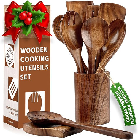 SPATUAMZ Wooden Spoons for Cooking, Teak Wood Kitchen Utensil Set for Nonstick Cookware, Durable Cooking Spatulas Set of 9 with Holder and Spoon Rest
