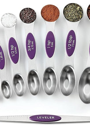 Spring Chef Purple Stainless Steel Magnetic Measuring Spoons Set of 8 with Leveler, Dual Sided Metal Teaspoon & Tablespoon Measuring Spoons, Kitchen Gadgets for Baking & Cooking, Fits in Spice Jars