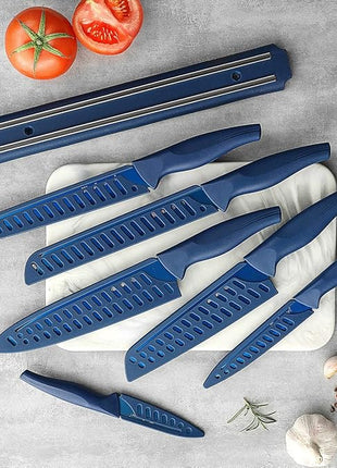 Wanbasion 7 Piece Blue Kitchen Knife Set with Magnetic Strip, Kitchen Knife Set Stainless Steel, Sharp Knife Set for Kitchen for Meat Vegetable Cutting