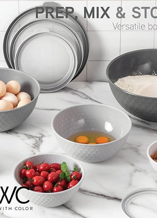COOK WITH COLOR Mixing Bowls with Lids - 12 Piece Plastic Nesting Bowls Set includes 6 Prep Bowls and 6 Lids, Non Slip Bottom and Embossed Design - Microwave Safe (Grey)