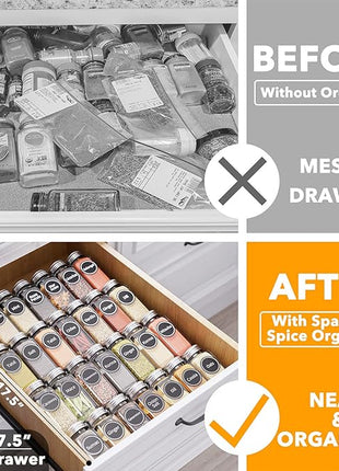 SpaceAid Spice Drawer Organizer with 28 Spice Jars, 386 Spice Labels, 4 Tier Seasoning Rack Tray Insert for Kitchen Drawers, 13" Wide x 17.5" Deep