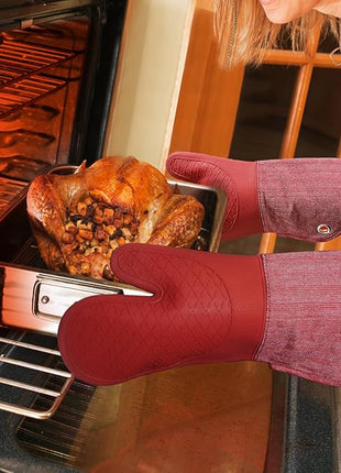 Professional Microwave Silicone Oven Mitts one Pair, Kitchen Mitten Set for Heat Resistant with 500 Degrees, Kitchen Gloves Pot Holder for BBQ Cooking Baking (Red)