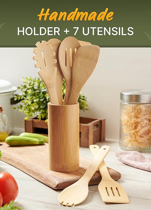 Bamboo Utensils 7 PCs with Holder – Bamboo Cooking Utensils Set + Holder for Nonstick – Wooden Spoon Sets for Cooking – Easy to Clean, Sturdy, Lightweight & Heat Resistant