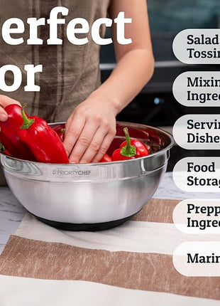 Priority Chef 6Pc Large Mixing Bowls With Lids Set with Non-Slip Bases, Stainless Steel Mixing Bowl Set, 6 Airtight Lids and 3 Graters, Black