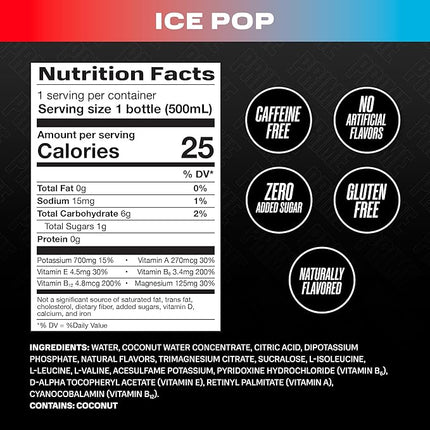 PRIME Hydration ICE POP, Sports Drinks, Electrolyte Enhanced for Replenishing Fluids, 250mg BCAAs, B Vitamins, Antioxidants, Low Sugar, 16.9 Fl Oz, 12 Pack