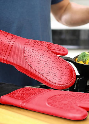 BPA-Free Soft Silicone Oven Mitts - Ultra Heat Resistant Oven Mitts with Thick Cotton Liner - Extra Long Slip Resistant Pot Holders, Flexible Oven Gloves - Red/Black 14.7"