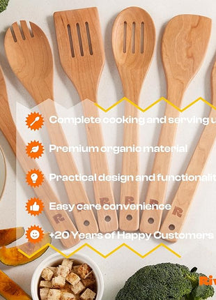 Riveira Cherry Wooden Spoons for Cooking Set of 6 – Natural Cherry Wooden Cooking Utensils, Wooden Spatula, Wooden Spoon - Premium Quality Wooden Utensil Set for Non-Toxic Cooking