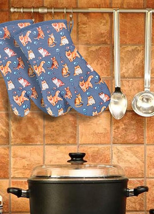 Oven Mitts Gloves 1 Pair Heat Resistant 480 ℉ Non Slip Clear Silicone Printed Cat Comfortable Cotton Lining Kitchen Men Cooking Barbecue Machine Washable (Cat, Blue Mitts)