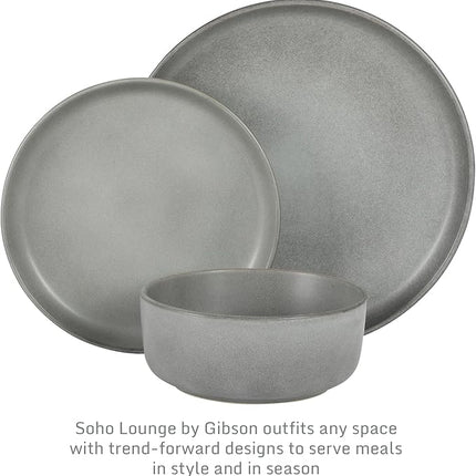 Gibson Elite Pasco 12 Piece (Service for 4) Plates and Bowls Reactive Glaze Dishes Stoneware Ceramic Dinnerware Set - Grey