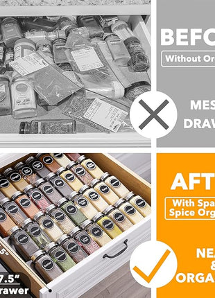SpaceAid Spice Drawer Organizer with 36 Spice Jars, 386 Spice Labels, 4 Tier Seasoning Rack Tray Insert for Kitchen Drawers, 16.75" Wide x 17.5" Deep