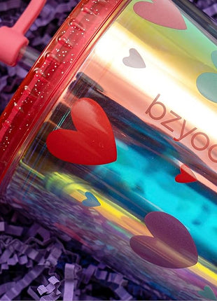 bzyoo 24 oz SIP Tumbler with Heart-Shaped w/Wing Straw Cap Cover – Cute Heart Design Iridescent Tumbler, BPA-Free Cup with Lid and Straw, Perfect for Iced Coffee, Tea, Party and Gift