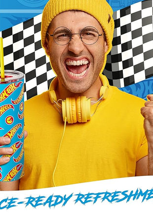 Dragon Glassware x Hot Wheels Insulated Tumbler with Lid and Straw - 24 oz Tumbler Cup with 2 Straws - Stainless Steel Tumbler with Straw for Water, Iced Tea - Travel Coffee Tumbler - Race Team