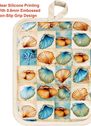 Pot Holders Set of 2 Heat Resistant 480 ℉Non Slip Clear Silicone Printed Comfortable Cotton Lining Kitchen Women Men Cooking Baking Microwave Machine Washable (Shell, Beige potholders)