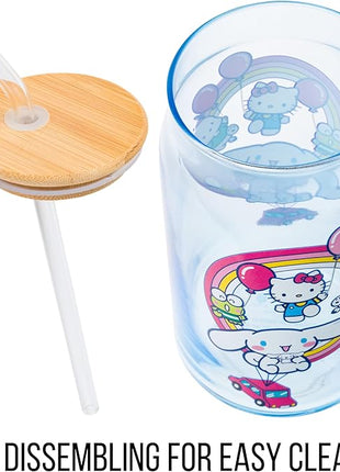 Silver Buffalo Sanrio Hello Kitty & Friends Floating Car Balloons Featuring Cinnamoroll, Pochacco, and Keroppi Glass Jar Tumbler with Bamboo Lid and Glass Straw, 16 Ounces (Pack of 12)