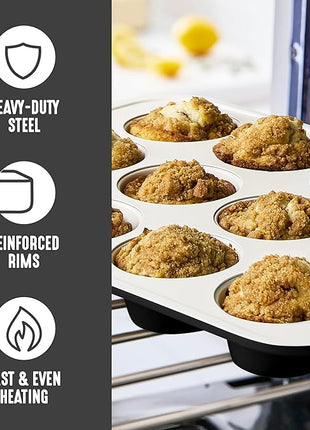 GreenLife 12-Cup Muffin Pan, PFAS-Free Healthy Nonstick Baking Tray, 11.4" x 1.9" x 15.9", Durable Ceramic Bakeware, Cupcakes, Egg Bites, Tarts, Brownies, Black