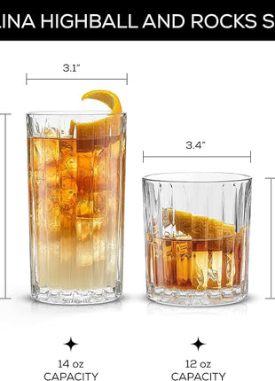 JoyJolt Drinking Glasses Set of 8, Alina Ribbed Glassware. 12oz Rocks Glass and 14oz Highball Glass set. Cocktail Glasses, Iced Coffee Cup or Water cups. Heavy Base Glassware Set