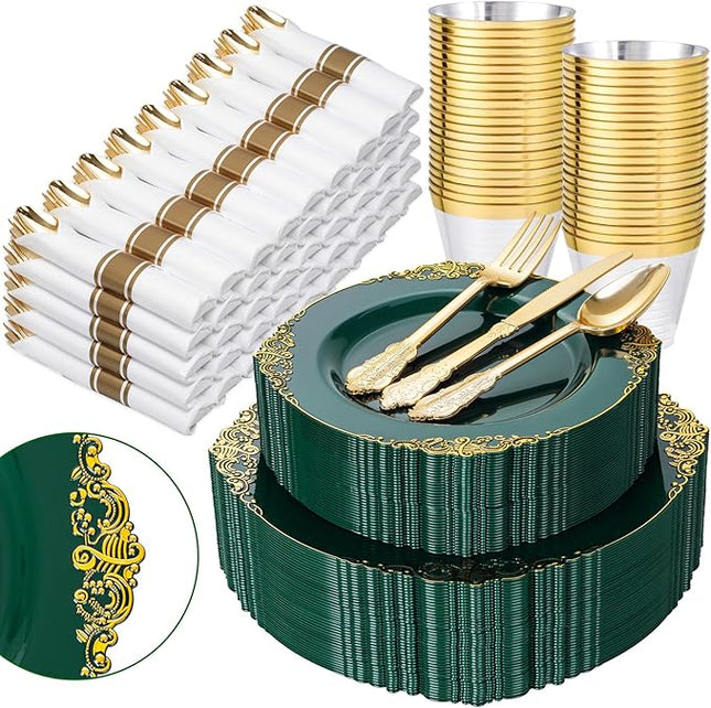 Nervure 350PCS Green Plastic Plates - Green Gold Plastic Dinnerware Sets for 50 Guests - 100 Disposable Plates, 150 Gold Silverware, 50 Cups, 50 Napkins Perfect for Wedding & Party