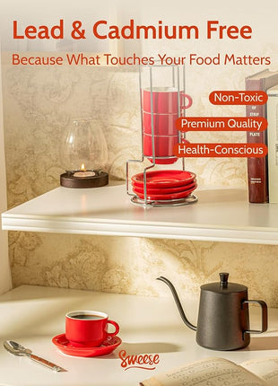 Sweese 2.5 Ounce Porcelain Stackable Espresso Cups with Saucers and Metal Stand Set of 4, Red