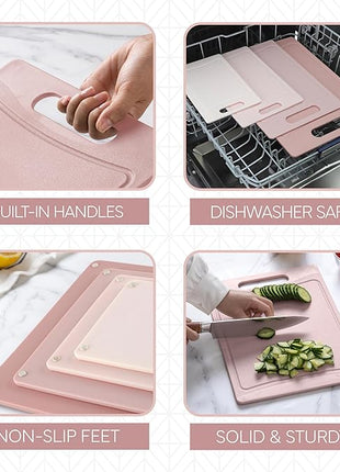 COOK WITH COLOR Non-Slip Cutting Board Set – Kitchen Essentials with Easy Grip Handle for Meat, Veggies, and Fruits, 4 Cutting Boards, Pink
