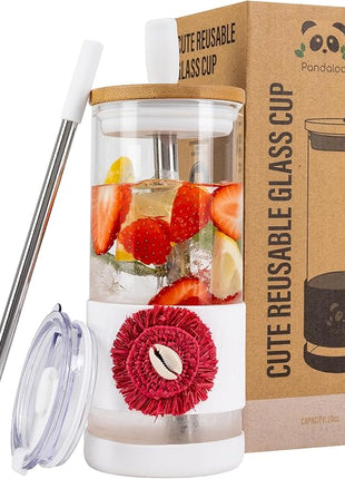 Pandaloo® Glass Cups With Lids and Straws -20 Fl Oz- Perfect Size Iced Coffee Cup - Smoothie Cup With Bamboo Lid and On the go Lid (Ethnic chic-Fabulous Fez, 1 Count (Pack of 1))