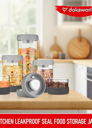 Glass Canisters Set - Kitchen Leakproof Seal Food Storage Jars - Coffee Bean Container - Pack of 5 Glass Canisters With Vacuum Airtight Lids for Cereal, Pet Treats, Nuts, Candy