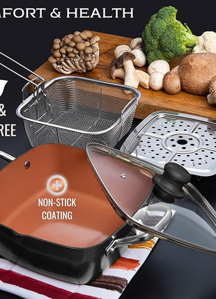 Moss & Stone 5 Pcs Black Copper Chef Cookware Non Stick Deep Frying Pan, Fry Basket, Steamer Rack, Dishwasher & Oven Safe, 5 Qt Deep Square Pan, Induction Copper Cookware Set - 9.5" x 3.5"