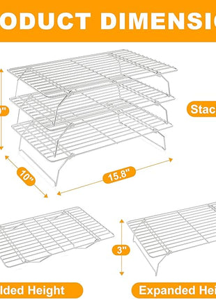 3 Tier Stackable Cooling Rack for Batch Cooling Cookie, Pizza, Cake-15.8”x 10”- Heavy Duty Cooling Racks for Cooking and Baking, Oven and Dishwasher Safe Baking Supplies-Silver