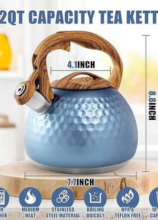 Stainless Steel Tea Kettle Blue, Teapot 3.2 Quart Whistling Tea Kettle, Tea Pots for Stove Top with Wood Pattern Handle, Gas Electric Applicable