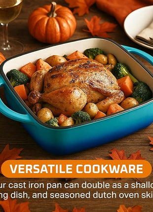 Bruntmor 11" Enameled Cast Iron Cookware - 2-in-1 Square Cast Iron Baking Dish with Lid for Baking, Braising and Roasting - Durable and Nonstick Skillet Dutch Oven with Dual Handles - Caribbean Blue