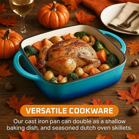 Bruntmor 11" Enameled Cast Iron Cookware - 2-in-1 Square Cast Iron Baking Dish with Lid for Baking, Braising and Roasting - Durable and Nonstick Skillet Dutch Oven with Dual Handles - Caribbean Blue
