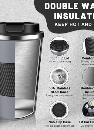 Insulated Coffee Tumblers with Flip Lid 12oz / 17oz, Stainless Steel Travel Coffee Mug Leak Proof, Vacuum Insulated Coffee Mug Reusable Cup, Keeps Cold and Hot for Coffee Tea