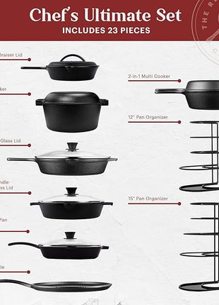 Cuisinel Cast Iron 23-Pc Cookware Set - 8" Skillet + Cast Iron Lid + 12"+Lid + 10" Braiser with Lid + Grill Pan + Lid + Griddle + 5-Qt Dutch Oven + Multi-Cooker + 12"+15" Pan Rack + Scraper + Handles