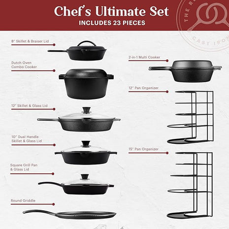 Cuisinel Cast Iron 23-Pc Cookware Set - 8" Skillet + Cast Iron Lid + 12"+Lid + 10" Braiser with Lid + Grill Pan + Lid + Griddle + 5-Qt Dutch Oven + Multi-Cooker + 12"+15" Pan Rack + Scraper + Handles